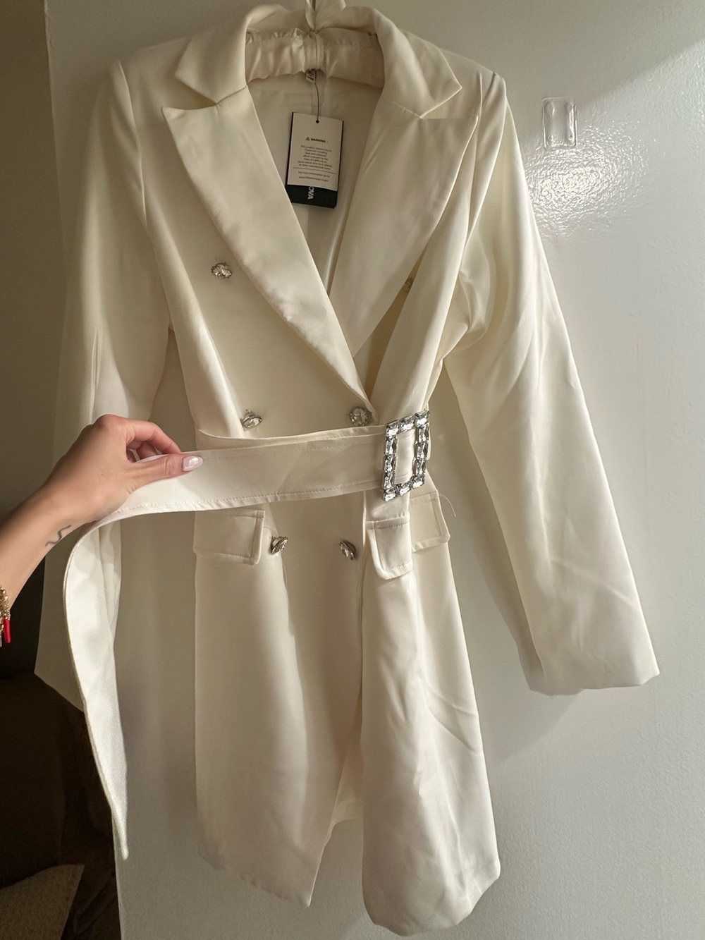 Fashion Nova white Satin Blazer Dress with Decorative Buttons
